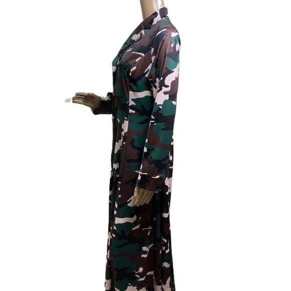 LIV D Camo Brown Pink Long Sleeve Button Up Collared Maxi Coat Dress Size Large - Picture 13 of 15